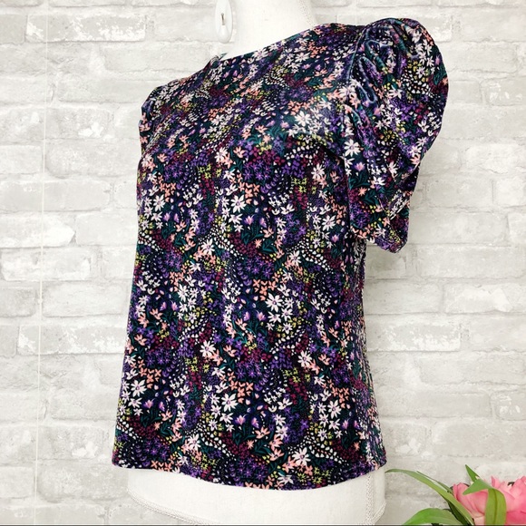 NWOT GENERATION LOVE Purple Velvet Floral Puffed Short Sleeve Blouse Size XS - Picture 2 of 12